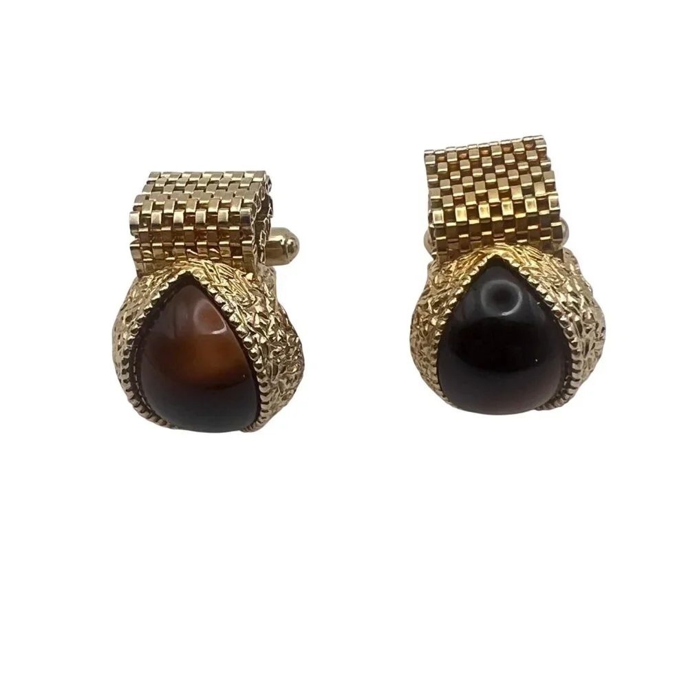 Vintage Swank Cufflinks Gold-Tone Mesh Wraparound Brown Cats Eye Stone MCM